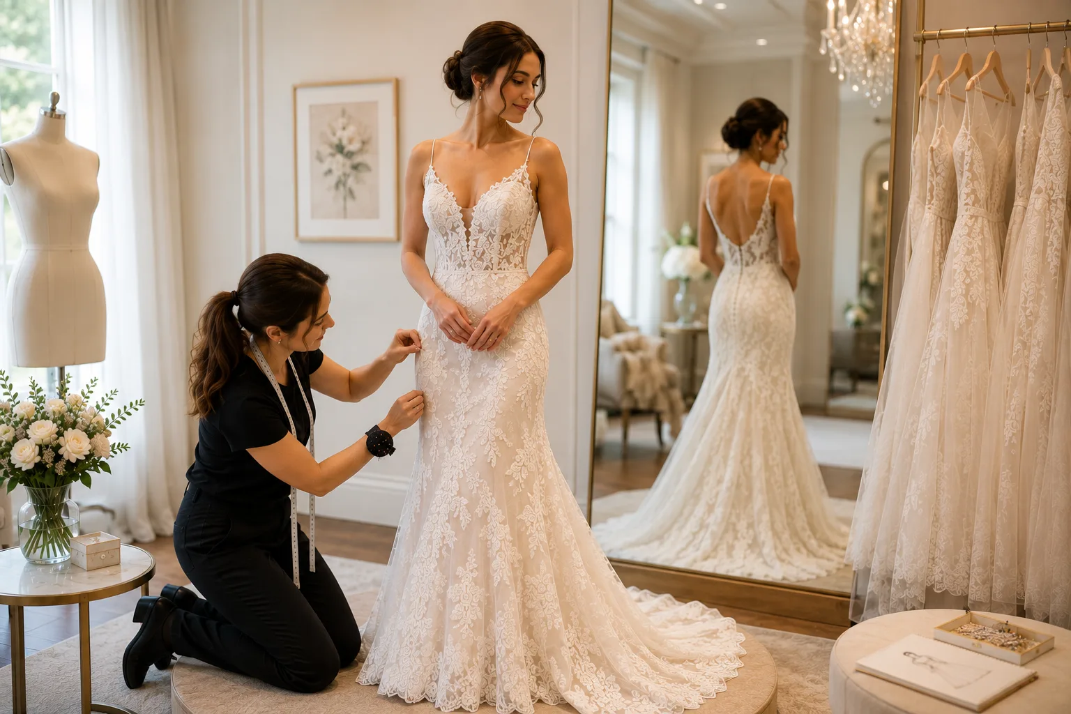 Bride standing on a fitting platform during a wedding dress alteration appointment while a seamstress pins and adjusts her lace bridal gown in an elegant bridal boutique.