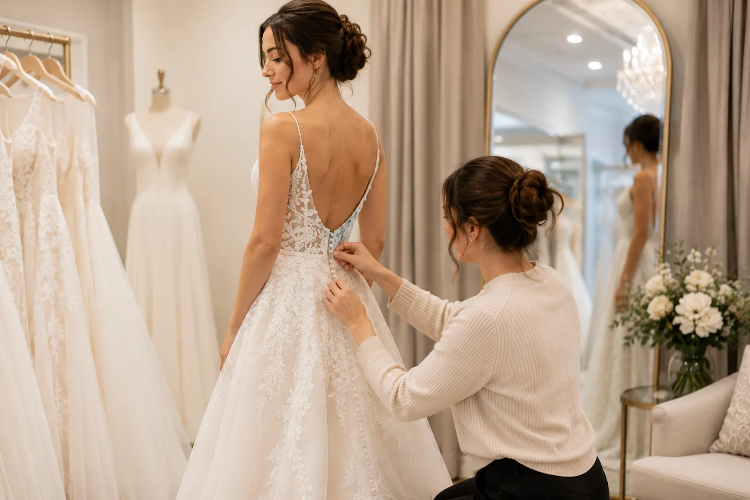 Bride having her wedding dress professionally altered during a bridal fitting appointment.