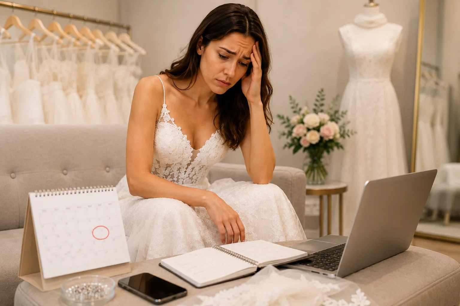 Bride stressed about last-minute wedding dress alterations and shoe changes before her wedding day.