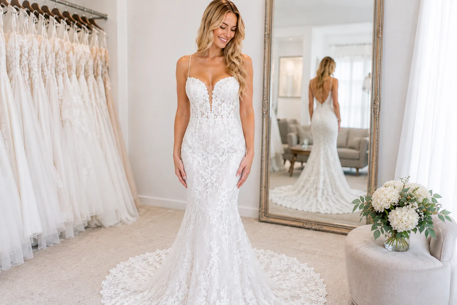 Bride wearing a perfectly fitted wedding dress before her wedding day