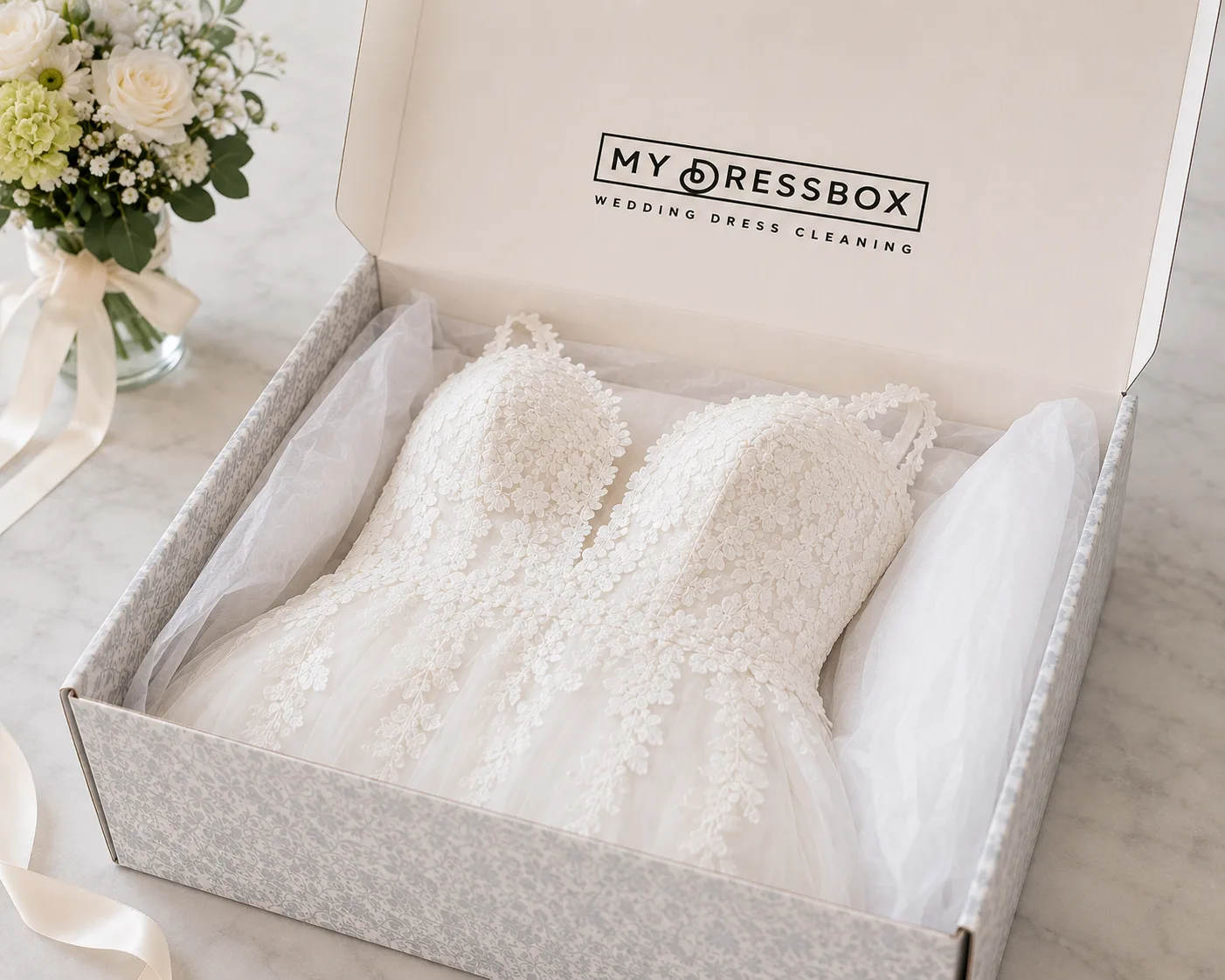 Wedding dress professionally cleaned after the wedding day